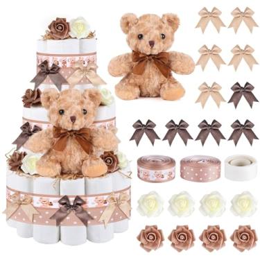 Imagem de 23 peças kit de bolo de fraldas chá de bebê urso fraldas decorações de bolo de chá de bebê suprimentos de bolo de fraldas urso de pelúcia conjunto de bolo de fraldas para artigos de festa de