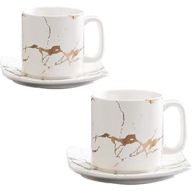 Imagem de Conjunto de caneca de café expresso americano, luxo europeu, mármore, grão de ouro, borda dourada, latte, xícara de café chique, cappuccino, tarde, chá vermelho, 250ml, 110ml, branco x2