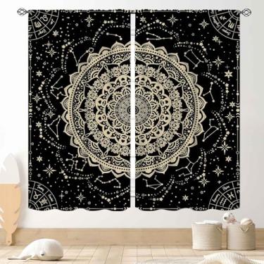 Imagem de Cortinas Hippie, Mandala Boêmia Sol Lua Medalhão Indiano Trippy Boho Estética Preta Cortina de Janela Tratamentos para Quarto Sala de Estar Cozinha 2 Painéis, 107 cm x 114 cm