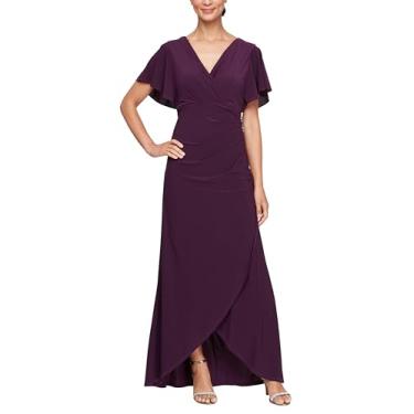 Imagem de S.L. Fashions Vestido feminino de comprimento longo com mangas esvoaçantes e enfeite de quadril, vestido de convidada de casamento falso, Berinjela, 42