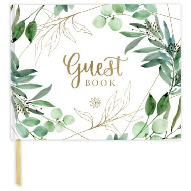 Imagem de bloom daily planners Livro de visitas de casamento (120 páginas) Livro de visitas da lista de convidados - Capa branca com folha dourada, bordas douradas e marcador de página dourado 17,8 cm x 23 cm