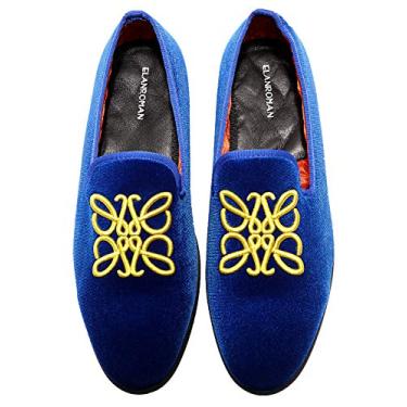 Imagem de ELANROMAN Mocassins masculinos de veludo bordado sem cadarço Penny Party Wedding Prom Shoes, Azul moderno, 39