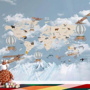 Imagem de Papel de parede Mapa Mundi Infantil com bixinhos - AloPapers, 2,50m de
