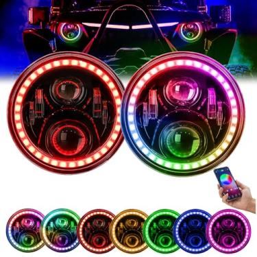 Imagem de BEEYEO Farol de LED redondo de 17 cm RGB Halo Angel Eyes Aprovado pelo DOT para Wrangler JK TJ LJ CJ Sahara Sport Rubicon Faróis 1997 ~ 2017, 2 unidades de faróis RGB