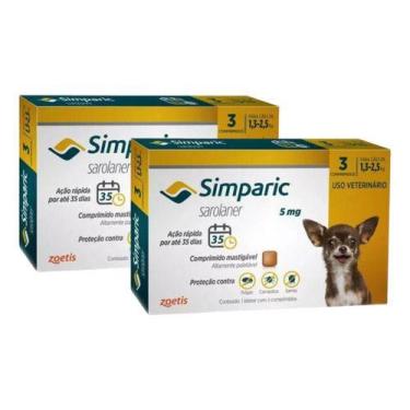 Imagem de 2 Antipulgas Simparic Para Cães Cão De 1,3 A 2,5kg 5 Mg 6 Cp