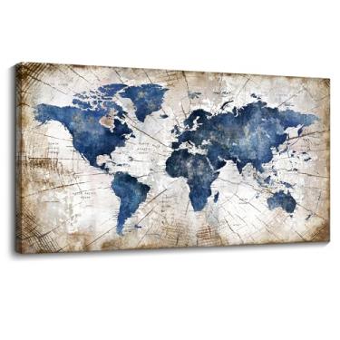 Imagem de Mapa-múndi arte de parede em tela abstrata marinha mapas-múndi para parede vintage arte de parede moderna para escritório quadros emoldurados para sala de estar quarto decoração de parede para