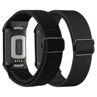 Imagem de TUCOMO Pacote com 2 pulseiras de nylon trançado elástico compatível com Fitbit Charge 6/Charge 5 para mulheres e homens, pulseiras esportivas de substituição para relógio Fitbit Charge 5/6