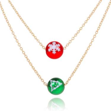 Imagem de Tgirls Colar de contas de Natal com contas verdes vermelhas em camadas, árvore de sino de Natal, corrente de bolas falsas de neve para mulheres, Metal, Sem Pedra Preciosa