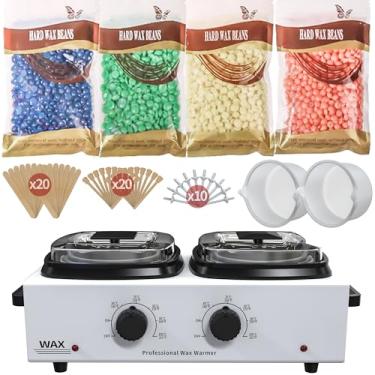 Imagem de Kit grande de cera com 4 sacos de contas de cera, 2 tigelas de silicone, 40 bastões de cera, 10 bastões de cera de nariz, aquecedor de cera duplo para mulheres, homens, salão de beleza, depilação em