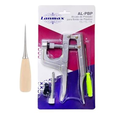 Imagem de Alicate De Pressão Botão De Plástico 10 12 E 15 Mm + Agulhão Manual Cabo Madeira Artesanato ideal para Perfurações em Tecidos e outros Materiais