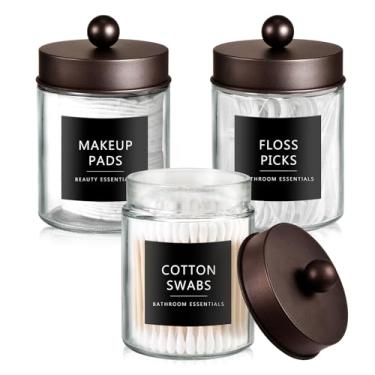 Imagem de SheeChung Dispensador de suporte Qtip para organizador de banheiro e decoração de fazenda - Pote de boticário de vidro elegante com tampa e adesivo de aço inoxidável, recipiente de armazenamento de