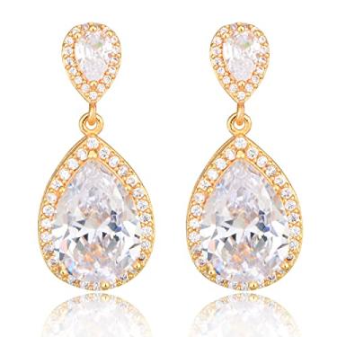 Imagem de Brincos de gota para casamento, banhado a ouro 14 k, prata esterlina, zircônia cúbica, cristal de zircônia cúbica, brincos pendentes para noivas, damas de honra, mãe da noiva, festa de formatura,