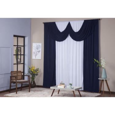 Imagem de Cortina Paris 4,00 x 2,80 Sala Quarto Decoração com Bando Malha Gel Branco e Azul Marinho