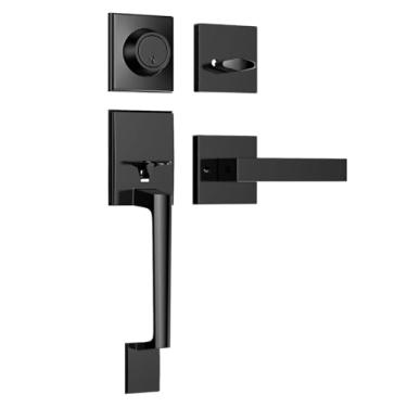 Imagem de Dearstar Conjunto de maçaneta e fechadura preta para porta dianteira resistente, maçanetas externas modernas duráveis com fechadura reversível para destros e canhotos com chaves