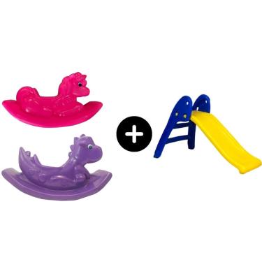 Imagem de Escorregador Baby Infantil Amarelo c/ Azul + Dino Roxo + Unicornio Rosa para a diversão de meninas e garotas de todas as idades brinquedos legais laze
