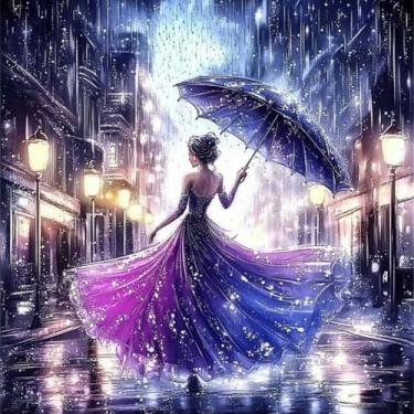 Imagem de LXTONG Kit de pintura de diamante feminino dança na chuva para adultos, joia de arte de diamante redondo completo para iniciantes, guarda-chuva vestido mulher pintura diamante por números para