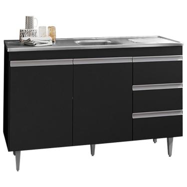 Imagem de Balcão Com Pia Inox 120cm 2 Portas 3 Gavetas Preto Total