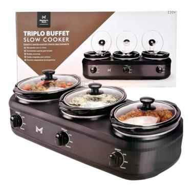Imagem de Rechaud Elétrico Triplo Buffet Slow Cooker em Aço Inox Prateado 220v com 3 Panelas Cubas de Cerâmica com Tampas de Vidro Temperado - Para Servir na Cozinha Festas Eventos Caldos Sopas Pratos Quentes