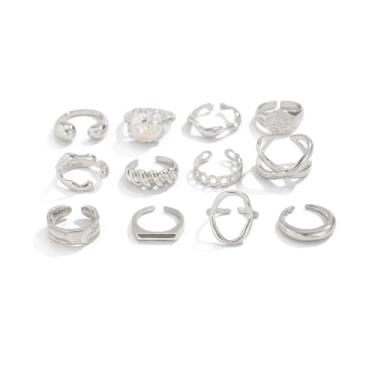 Imagem de Ingemark Anéis femininos banhados a ouro 14 quilates com gota grossa de gota de água, prata, ajustável, grande, grosso, liso, curvo, aberto, anéis de dedo para o polegar, 12 peças, anel cruzado ousado