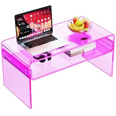 Imagem de Mesa de centro de acrílico para sala de estar, mesa de lucite retangular transparente com prateleira de armazenamento aberta (1, rosa, nominal)