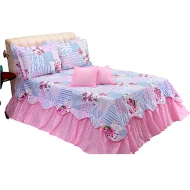 Imagem de Kit 5 Peças Cobre Leito Casal King 3,10m x 3,00m com Porta Travesseiro 70x50 e Capa de Almofada 40x40 com Babados Rosa