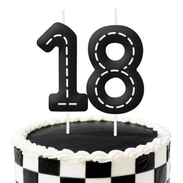 Imagem de Velas pretas e brancas de aniversário de 18 anos, decoração de bolo de aniversário para festas temáticas de carros de corrida, velas de aniversário listradas para meninos e meninas suprimentos de