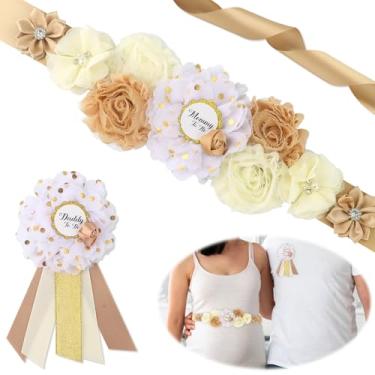 Imagem de On-Airstore Faixa de mãe para chá de bebê, lembrancinhas de festa, decorações de flores de champanhe, faixa de maternidade, vestido de chá de bebê para mamãe e papai para gravidez, adereços de fotos