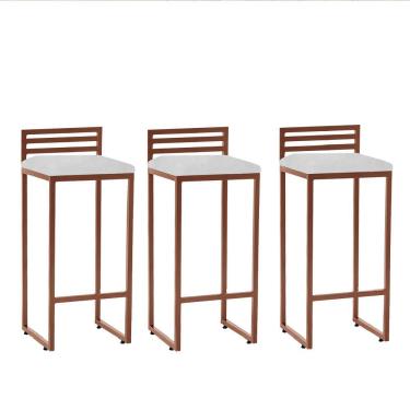Imagem de Kit 03 Banqueta Alta Com Encosto Núria Balcão Bar Cozinha Bistrô Ferro Bronze Sintético Branco