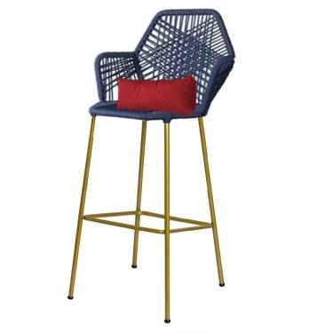 Imagem de Banqueta Alta Sttar Ferro Dourado Fibra Azul Marinho Almofada Sintético Vermelho