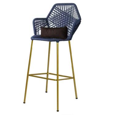 Imagem de Banqueta Alta Sttar Ferro Dourado Fibra Azul Marinho Almofada Sintético Marrom