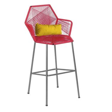 Imagem de Banqueta Alta Sttar Ferro Prata Fibra Vermelho Almofada Sintético Amarelo