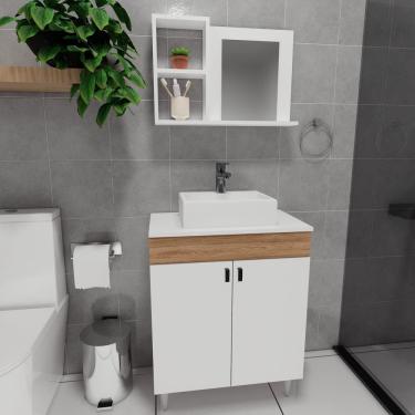 Imagem de Conjunto Gabinete para Banheiro com Cuba Espelheira Sevilha Marrom/Branco