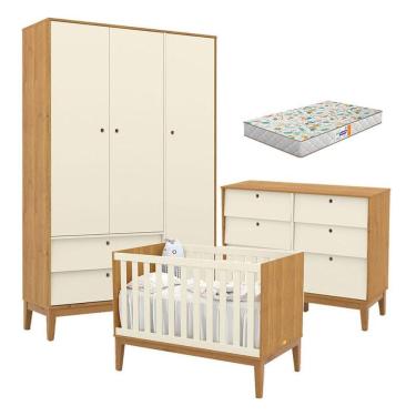 Imagem de Quarto De Bebe Unique 3 Portas Com Cômoda 6 Gavetas Freijó Off White Eco Wood E Colchão...