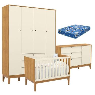 Imagem de Quarto De Bebe Unique 4 Portas Com Cômoda Sapateira Freijó Off White Eco Wood E Colchão Ortobom - Matic