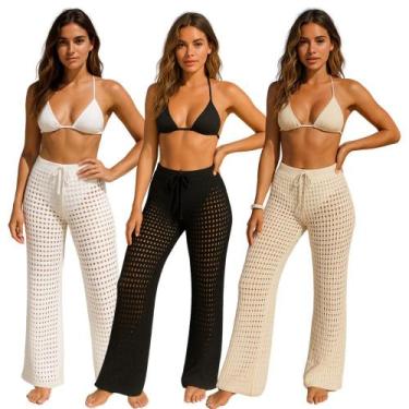 Imagem de Kit 03 Saida De Praia Tendencia Verao Moda Calça Pantalona Tricot Croc