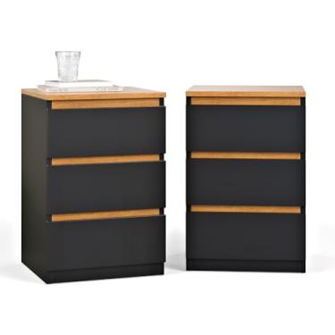 Imagem de Kit 2 Mesas de Cabeceira Quarto Casal Decoração Cama 3 Gavetas (Preto/Freijó)