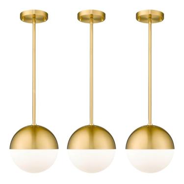 Imagem de LMS Luminárias Pendentes De 8" Meados Do Século, Douradas Escovadas Para Ilha Cozinha Com Cúpula Vidro Branco, Haste Ajustável Pendurar, Pacote 3 Casa, Escritório, Sala Jantar E Banheiro, -186Bg3Pk