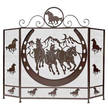 Imagem de BestGiftEver Tela De Lareira Decorativa 3 Painéis Com Design Ferradura E Cavalos Correndo - Proteção Independente Malha Metálica Para Casa, Estilo Rancho Cabana, Ocidental