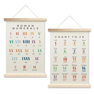 Imagem de HEZNZXQ Bandeira pendurada em tabela de números, arte de parede em tela com algarismos romanos para sala de jogos, escola em casa, cabide de pôster de aprendizado de berçário, conjunto de 2 pôsteres