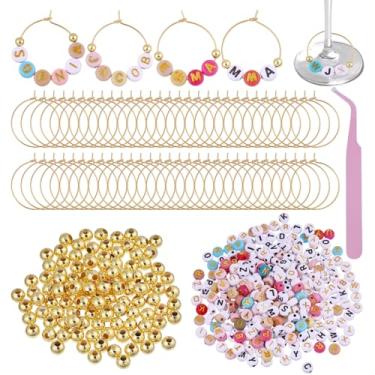 Imagem de beinkmake Conjunto de 60 pingentes de taça de vinho personalizados, 600 contas de letras, 120 contas douradas, argolas de 60 tons, com 1 pinça, kit de pingentes faça você mesmo, marcadores de taça de