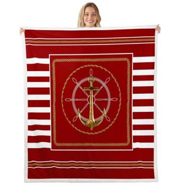 Imagem de jejeloiu Anchor Decor Cobertor de lã 127 x 152 cm com tema náutico sherpa cobertor para meninos meninas adolescentes cobertor de pelúcia oceano aventura no mar cobertor felpudo vermelho rubi