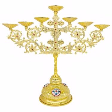 Imagem de Candelabro ortodoxo de liga de zinco com 7 andles, 30,5 cm de altura, 7 braços, castiçal, design vintage, para cerimônias religiosas, decoração de casa, eventos, casamentos, festas