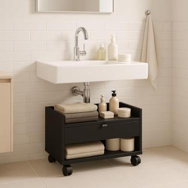 Imagem de Gabinete De Banheiro 1 Gaveta Com Rodízios Compacto Armário (Preto)