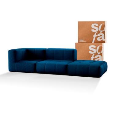 Imagem de Sofá na Caixa modular 2 lugares em Boucle - 1 Braço com Chaise (Azul)