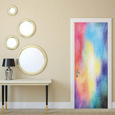 Imagem de Papel de parede de pintura de parede de porta de quarto espaço sideral, aquarela nebulosa colorida galáxia estrelas universo sonho cosmos arte celestial, para dormitórios, escritórios e decoração de