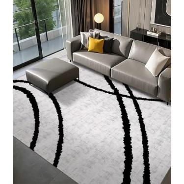 Imagem de YIHOUSE Tapetes modernos 15 x 23 cm, tapete lavável preto e branco, tapete listrado geométrico abstrato fino, minimalista, tapetes pretos para sala de estar, quarto, cozinha, sala de jantar,