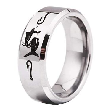Imagem de Cloud Dancer Anel de tungstênio chanfrado prata gato peixe, anel de tungstênio masculino, aliança de casamento masculina, aliança de tungstênio, anel gravado personalizado, anel de compromisso