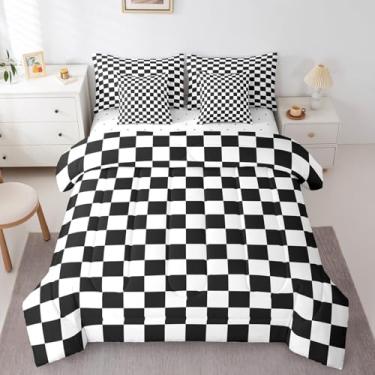 Imagem de Manfei Conjunto de cama solteiro de 7 peças, xadrez, preto e branco, quadriculado geométrico, reversível, para decoração de quarto de meninos, cama quadriculada de treliça em uma bolsa com edredom