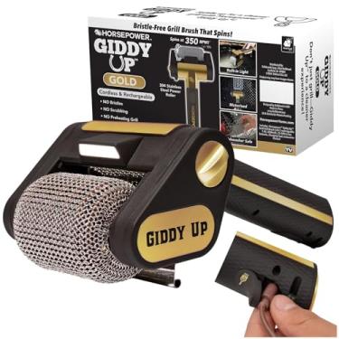 Imagem de Horsepower Giddy Up Escova de grelha giratória sem ouro com LED, como visto na TV, sem fio e recarregável, rolo elétrico de aço inoxidável 304 explode alimentos queimados, sem cerdas, sem