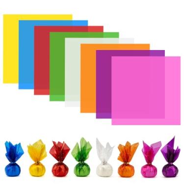 Imagem de 128 peças de papel de celofane colorido (19 x 19 cm) para doces pequenos cestos de embrulho coloridos de plástico para artesanato, adesivos transparentes de aniversário, chá de bebê, decoração de